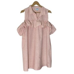 She + Sky pink and white strip ruffle collar shirt dress Size L